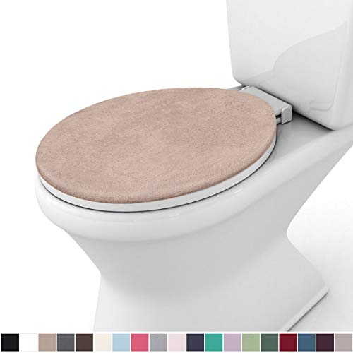 Product Cover Gorilla Grip Original Thick Memory Foam Bath Toilet Lid Seat Cover, 19.5 Inch x 18.5 Inch Size, Machine Washable, Plush Fabric Covers, Fits Most Size Toilet Lids for Children's Bathroom, Beige