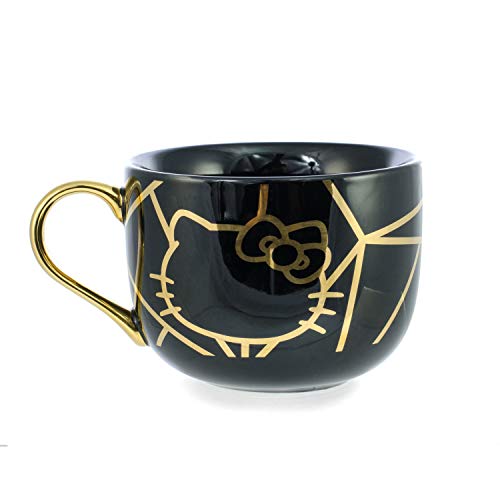 Product Cover Hello Kitty Ceramic Coffee Latte Mug - Geo Glam Pinache Black and Gold Design - Sanrio - 20 oz