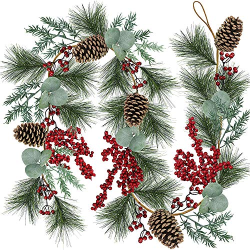 Product Cover 6' Long Christmas Artificial Pine Needle Garland Wired Rustic Twig Vine Birch Garland with Assorted Faux Red Berries Eucalyptus Leaves Natural Pine Cones Fir Sprigs Garland Holiday Season Winter Decor