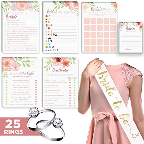 Product Cover Floral Bridal Shower Games - Set of 6 (50 Cards Each) w/ Bride to Be Sash & 25 Adjustable Silver Diamond Engagement Rings - Luxury Pre-Wedding Party Favor Accessories