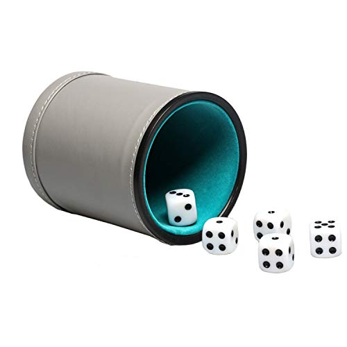 Product Cover Leatherette Dice Cup Set Felt Lined with 16mm Dot Dices Shaker for Yahtzee Bar Party Dice Games - Grey