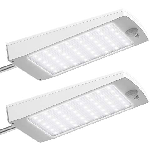 Product Cover Solar Motion Lights Outdoor 48 LEDs Adjustable Brightness JACKYLED Wireless Gutter Light with Remote Control Waterproof Security Lights for Porch Front Door Garage Garden Fence Pack of 2 White