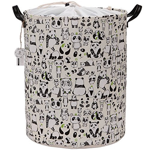Product Cover Sea Team Large Size Panda Design Canvas Fabric Laundry Hamper Collapsible Storage Basket with PU Leather Handles and Drawstring Cover for Kid's Room, 19.7 by 15.7 inches, Waterproof Inner