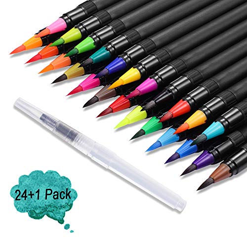 Product Cover Real Watercolor Brush Pens 24 Vibrant Painting Markers with Flexible Brush Tips for Adult and Kids Coloring Books,Manga,Calligraphy and Drawing,Including 1 Refillable Water Brush Pen