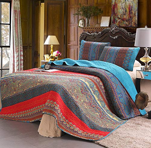 Product Cover Exclusivo Mezcla 100% Cotton 3-Piece Paisley Boho King Size Quilt Set/Bedspread- Lightweight, Reversible& Decorative