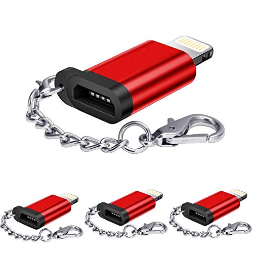 Product Cover [4-Pack] HDSHIMAO Micro USB Adapter, [Aluminum Alloy] with Keychain Fast Charger Convert Connector Charging Converters for iPhone X XS XR 5 5S 5C SE 6 6S 7 8 Plus (Red)