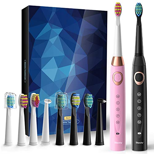 Product Cover 2 Sonic Electric Toothbrushes 5 Modes 8 Brush heads USB Fast Charge Powered Toothbrush Last for 30 Days, Built-in Smart Timer Rechargeable Toothbrushes for Adults and Kids (1 Black And 1 Pink) SY-508