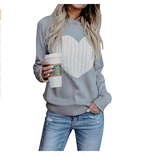 Product Cover P&A Fashion Women's Pullover Sweaters Long Sleeve Crewneck Cute Heart Knitted Sweater Loose Tops Blouse