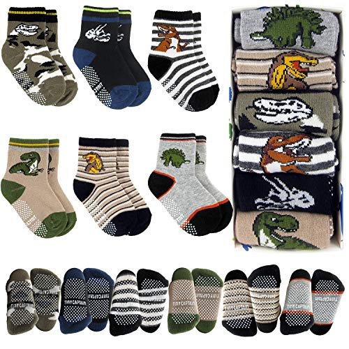 Product Cover Tiny Captain Toddler Boy Dinosaur Grip Socks 1-3 Year Old Baby Non Slip 8-36 Months Gift Set 6 Pack T-Rex, Stripes (Dark Colors)