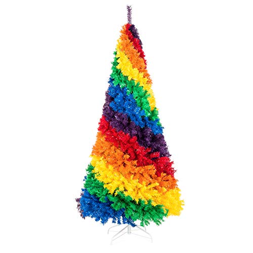 Product Cover Best Choice Products 7ft Artificial Colorful Rainbow Full Fir Christmas Tree Holiday Seasonal Decoration w/ 1,213 Branch Tips, White Metal Stand