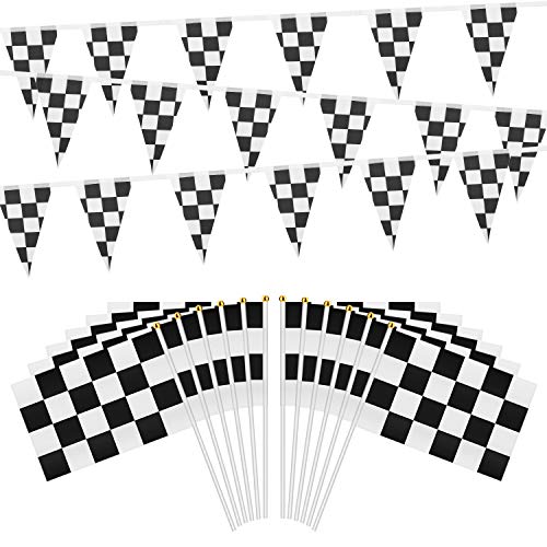 Product Cover OOTSR 32ft Checkered Black and White Pennant Banner Racing Flags, and 30pcs Checkered Flags with Plastic Stick (8x5.5 Inch)