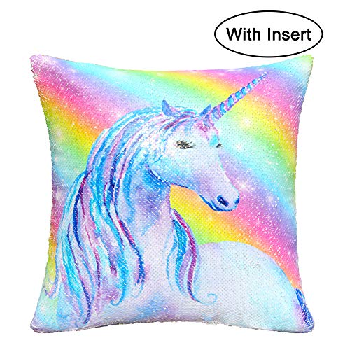 Product Cover Basumee Flip Sequin Unicorn Pillow with Insert, 16x16 Inch Magic Reversible Sequins Cushion for Home Decoration, Rainbow Unicorn
