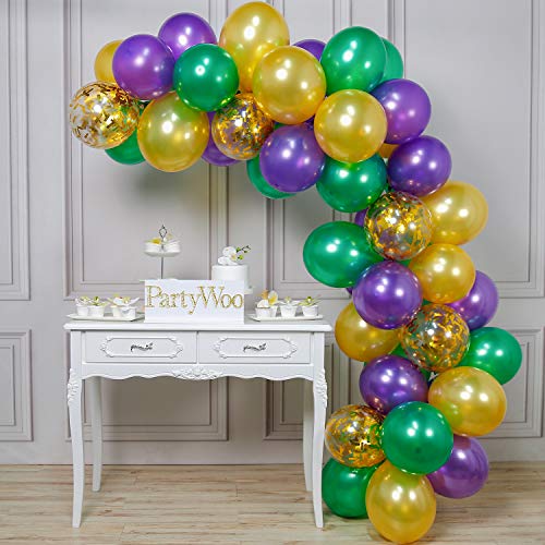Product Cover PartyWoo Purple Green Gold Balloons 50 pcs 12 Inch Purple Balloons Gold Balloons Hunter Green Balloons and Gold Confetti Balloons for Carnival, Vintage Party, Little Mermaid Party, Aladdin Party