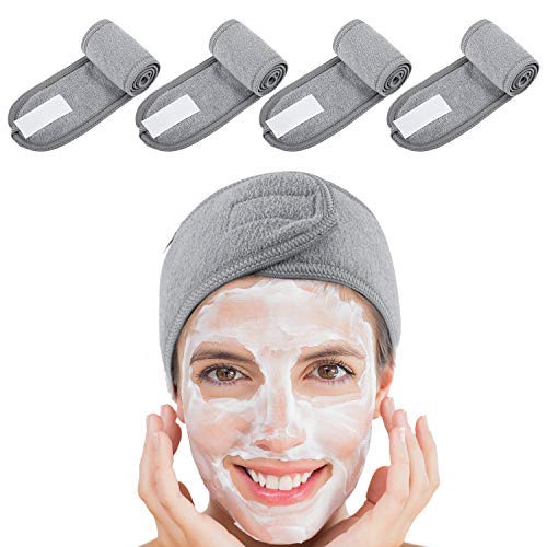 Product Cover Spa Facial Headband Whaline Head Wrap Terry Cloth Headband 4 Counts Stretch Towel with Magic Tape for Bath, Makeup and Sport (Gray)