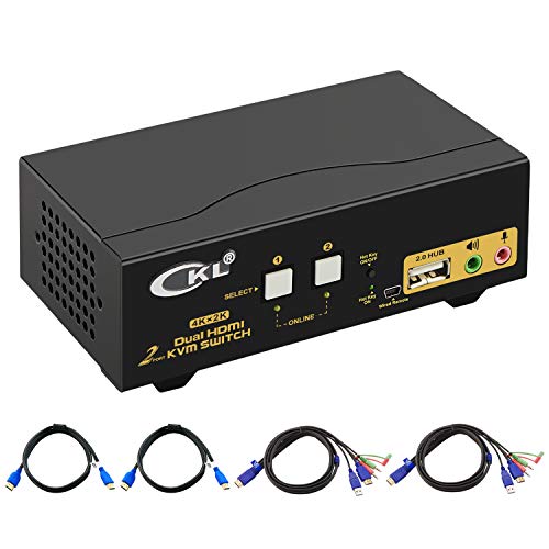Product Cover CKL HDMI KVM Switch 2 Port Dual Monitor Extended Display, USB KVM Switch HDMI 2 in 2 Out with Audio Microphone Output and USB 2.0 Hub, PC Monitor Keyboard Mouse Switcher 4K@30MHz CKL-922HUA