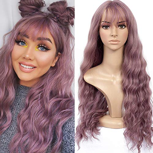 Product Cover HUA MIAN LI Long Wavy Wig With Air Bangs Silky Full Heat Resistant Synthetic Wig for Women - Natural Looking Machine Made Grey Pink 26 inch Hair Replacement Wig for Party Cosplay Body Wavy (Pink)
