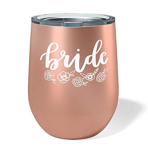 Product Cover xo, Fetti Bride Wine Tumbler - 12 oz Stainless Steel Rose Gold Stemless Cup w/Lid | Gifts for Bride, Wedding, Engagement, Bridal Shower + Bachelorette Gift