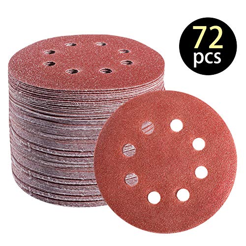 Product Cover 72 PCS 5 Inch 8 Hole Hook and Loop Adhesive Sanding Discs Sandpaper for Random Orbital Sander 40 60 80 120 180 240 320 Grits