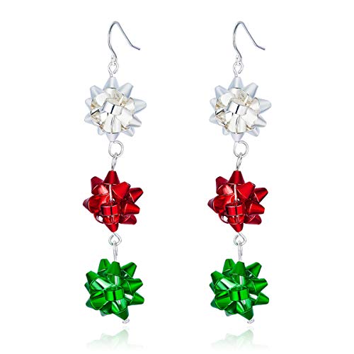 Product Cover Christmas Bows Flower Piercing Dangle Earrings Red Green White Silver Plated Women Girls Holiday Gift