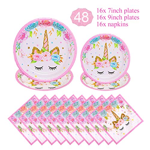 Product Cover Unicorn Themed Party Supplies Decorations Set for Girls Children Birthday Party,Unicorn Plates and Napkins Set,Paper Disposable Tableware Set,Party Table Decoration for Baby Shower,Serves 16 Guests