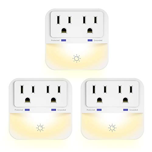 Product Cover Surge Protector, Plug-in Night Light with 2-Outlet Extender, POWRUI Warm White LED Nightlight with Dusk-to-Dawn Sensor for Bedroom, Bathroom, Kitchen, Hallway, Stairs, 3-Pack