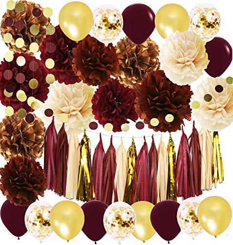 Product Cover Wine Burgundy Champagne Gold Bridal Shower Decorations/Fall Wedding Decorations Big Size Burgundy Tissue Pom Pom Maroon Gold Balloons Burgundy Wedding/Women 30th/50th Birthday Party Decorations