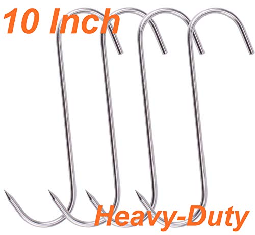 Product Cover Meat Hook 10 Inch S-Hooks HONSHEN Stainless Steel Meat Hooks for Hanging Processing Butcher Hook 4Pack (Meat Hooks 6mm 10inch)
