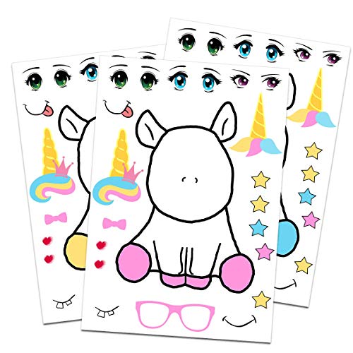 Product Cover 24 Make A Unicorn Stickers for Kids - Rainbow Unicorn Theme Birthday Party Favors - Let Your Girls or Boys Get Creative & Design Their Favorite Unicorn Stickers - Fun Craft Project for Children 3+