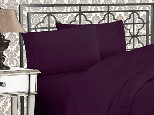 Product Cover Elegant Comfort Luxurious 1500 Thread Count Egyptian Three Line Embroidered Softest Premium Hotel Quality 4-Piece Bed Sheet Set, Wrinkle and Fade Resistant, Queen, Eggplant-Purple