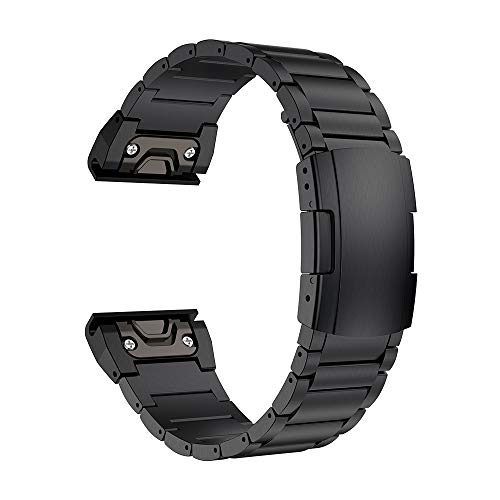Product Cover LDFAS Fenix 6X/5X Plus Band, 26mm Titanium Metal Quick Release Easy Fit Watch Strap with Double Button Clasp Compatible for Garmin Fenix 6X/6X Pro/5X/5X Plus/3/3HR Smartwatch, Black