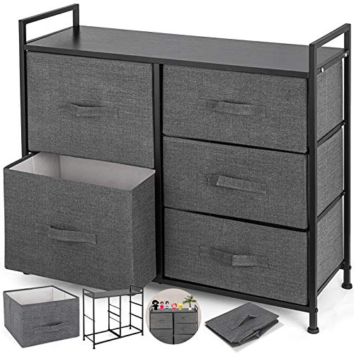 Product Cover Happybuy Dresser Storage Tower with 5 Fabric Drawer Steel Frame Storage Cabinet Bin Storage Organizer Unit Fabric Cube Dresser Chest Cabinet Light Gray Tall (Gray/Tall)