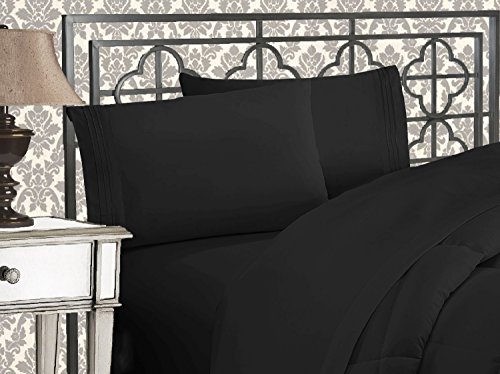 Product Cover Elegant Comfort Luxurious 1500 Thread Count Egyptian Three Line Embroidered Softest Premium Hotel Quality 4-Piece Bed Sheet Set, Wrinkle and Fade Resistant, Queen, Black