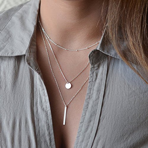 Product Cover Fstrend Layered Necklace Dainty Coin Beaded Chain Pendant Long Necklaces Jewelry for Women and Girls(Silver)