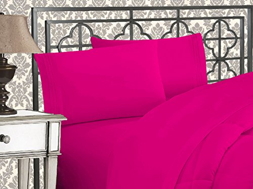 Product Cover Elegant Comfort Luxurious 1500 Thread Count Egyptian Three Line Embroidered Softest Premium Hotel Quality 4-Piece Bed Sheet Set, Wrinkle and Fade Resistant, Queen, Hot Pink