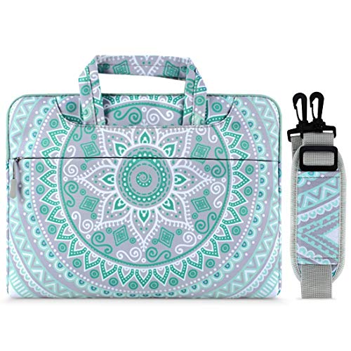 Product Cover MOSISO Laptop Shoulder Bag Compatible with 13-13.3 inch MacBook Pro, MacBook Air, Notebook Computer, Canvas Mandala Pattern Protective Briefcase Carrying Handbag Sleeve Case Cover, Mint Green&Blue