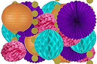 Product Cover 20 pcs Hanging Paper Party Decoration Supplies Kit in Orange, Pink, Purple, Teal, and Glitter Gold-Includes 4 Lanterns, 4 Pom Pom Flowers, 4 Tissue Fans, 4 Honeycombs, and 4 Strings of Dot Garland