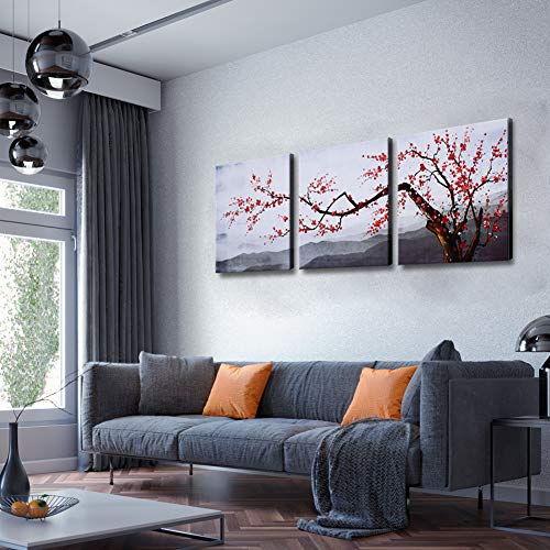 Product Cover Large Wall Art Set Plum Blossoms Flower Traditional Chinese Painting Canvas Print with Hand Painted Texture Framed Modern Mountain Landscape Floral Wall Picture for Living Room Bedroom 20x60inch