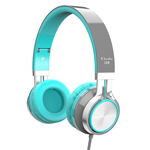 Product Cover Elecder i39 Headphones with Microphone Foldable Lightweight Adjustable On Ear Headsets with 3.5mm Jack for iPad Cellphones Computer MP3/4 Kindle Airplane School (Mint/Gray)