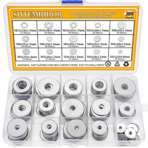 Product Cover Sutemribor 304 Stainless Steel Large Fender Washer Assortment Kit 200 Pieces, 15 Sizes - M3 M4 M5 M6 M8 M10 M12