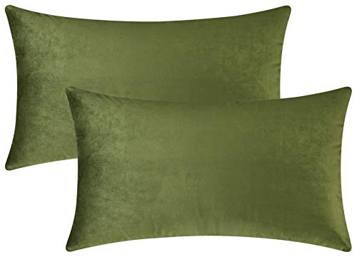 Product Cover Mixhug Set of 2 Cozy Velvet Rectangle Decorative Throw Pillow Covers for Couch and Bed, Moss Green, 12 x 20 Inches