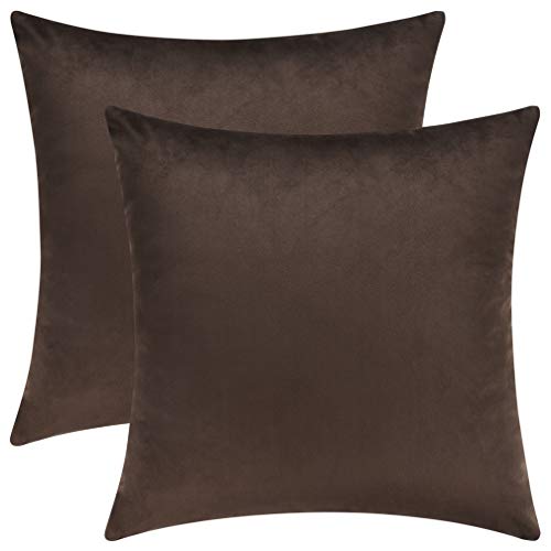 Product Cover Mixhug Set of 2 Cozy Velvet Square Decorative Throw Pillow Covers for Couch and Bed, Coffee Brown, 18 x 18 Inches