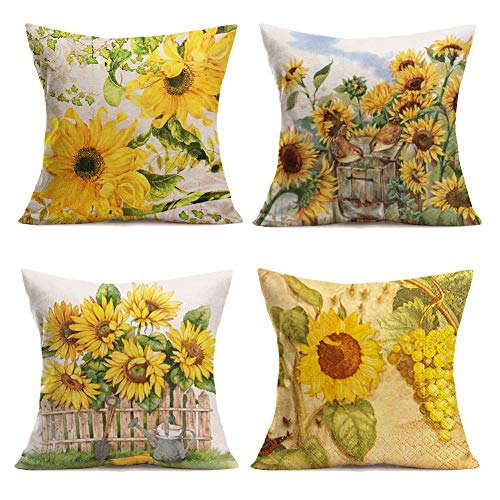 Product Cover Throw Pillow Covers Vintage Sunflower Yellow Decorative Pillow Covers Cotton Linen Throw Pillow Cases Cushion Cover Home Sofa Couch Car Decor Square 18 x 18 Inches Set of 4 (Sunflower Set)