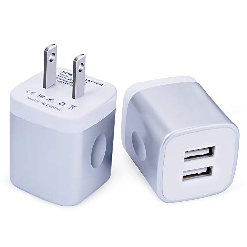 Product Cover FiveBox 2Pack Dual Port USB Wall Charger Brick Plug 2.1A Charging Base Block USB Charger Cube Box Compatible iPhone Xs Max/XR/X/8/7/6/6s, iPad, Samsung S9 S8 S7 S6 Note 9 8, Android, LG, HTC, Phone