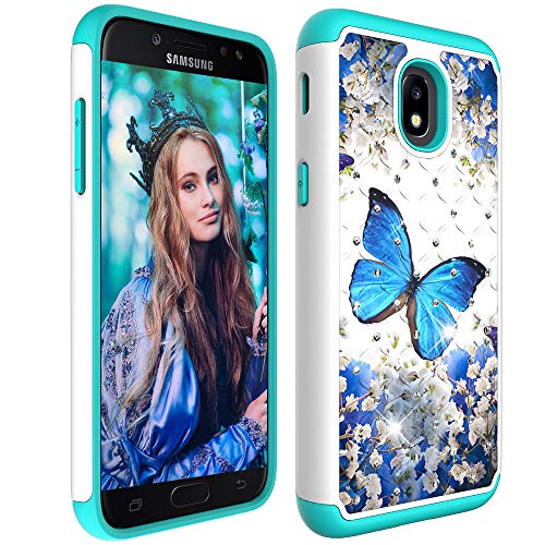 Product Cover Galaxy J7 2018 Case with Screen Protector,Galaxy J7 Star/J7 Aura/J7 Aero/J7 Top/J7 Crown Glitter Sparkle Bling Studded Rhinestone Crystal Hybrid Dual Layer Armor Case Blue Floral Butterly Flowers
