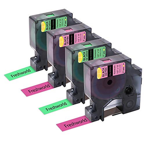 Product Cover Freshworld Compatible Labeling Tape Replacement for Dymo Label Tape Refill 1/2 Inch Black on Neon (Black on Green/Pink)1933238,for Dymo LabelManager PnP 260P 210D 280 420 160 450D 360D Label Maker, 4P