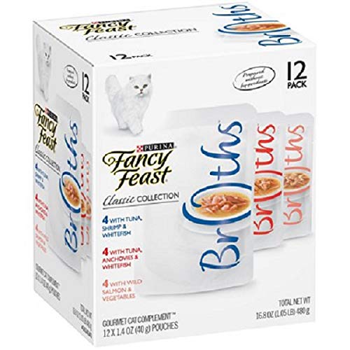 Product Cover Purina Fancy Feast Broths Adult Wet Cat Food Complement Variety Packs - 12 (1.4 oz. Pouches) (3 Flavor Classic Broth Collection, (12) 1.4 oz. Pouches)
