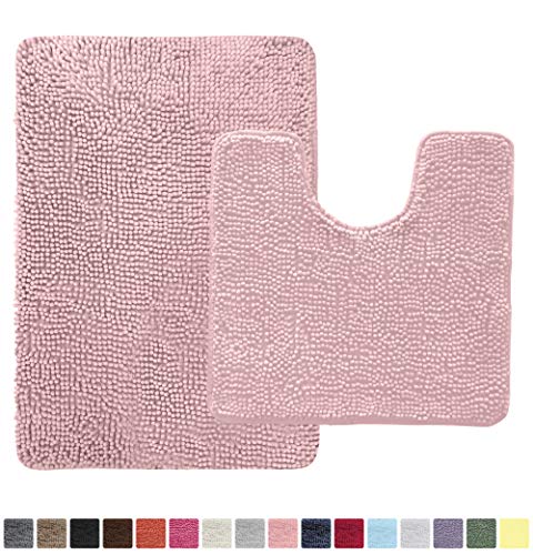 Product Cover Gorilla Grip Original Shaggy Chenille 2 Piece Area Rug Set Includes Oval U-Shape Contour Mat for Toilet and 30x20 Carpet Rugs, Machine Wash Dry, Plush Mats for Tub, Shower and Bathroom, Light Pink