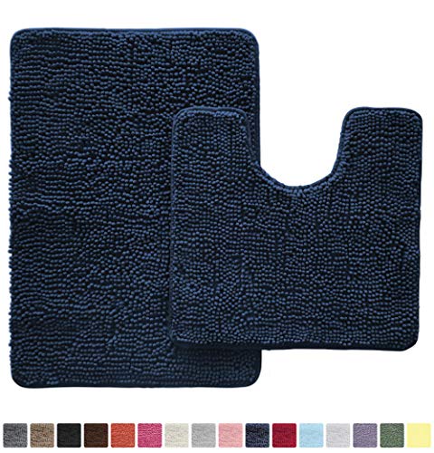 Product Cover Gorilla Grip Original Shaggy Chenille 2 Piece Bath Rug Set Includes Oval U-Shape Contoured Mat for Toilet and 30x20 Carpet Rugs, Machine Wash Dry, Plush Mats for Tub, Shower and Bathroom, Navy Blue