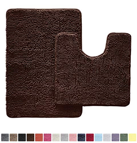 Product Cover Gorilla Grip Original Shaggy Chenille 2 Piece Bath Rug Set Includes Oval U-Shape Contour Mat for Toilet and 30x20 Carpet Rugs, Machine Wash Dry, Plush Mats for Tub, Shower and Bath Room, Brown