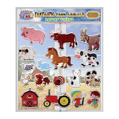 Product Cover Fantastic Farm Animals Thick Printed Gel Clings - Reusable Glass Window Clings for Kids and Adults - Incredible Gel Decals of Pig, Horse, Dog, Cat, Cow, Duck for Home, Airplane, Classroom, Nursery